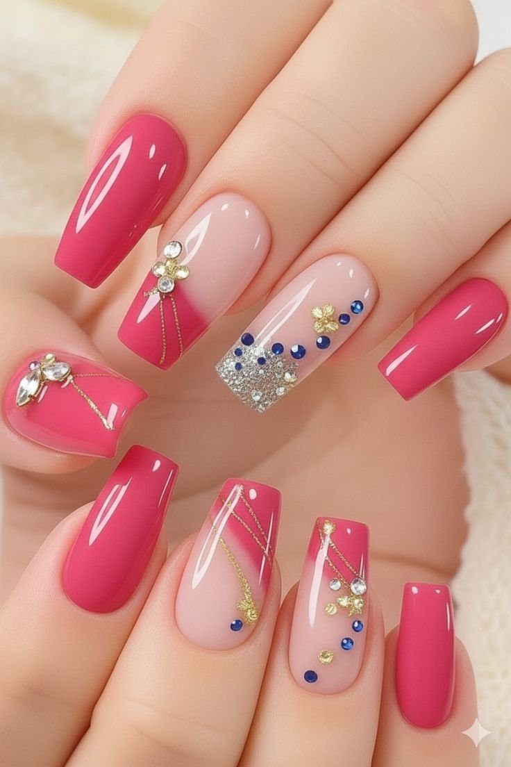 Unhas rosa com laços, pedrarias e detalhes dourados